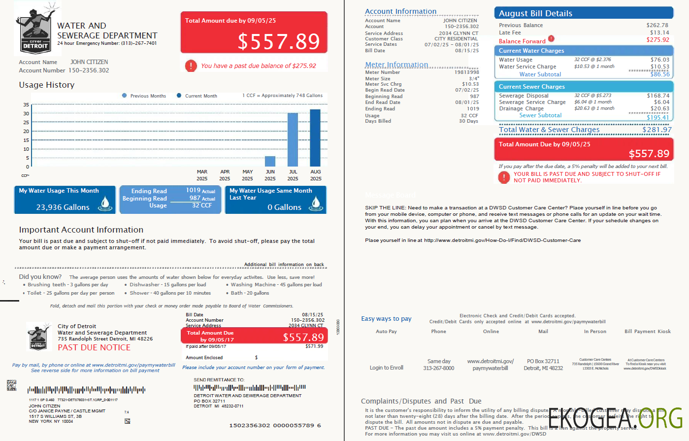 USA Detroit Water and Sewerage Department utility bill template in Word and PDF formats, 2 pages, version 3